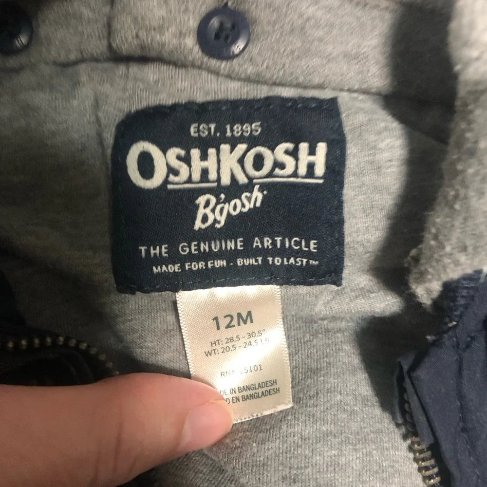 Oshkosh Bgosh baseball style jacket navy blue with detachable hood Sz 12mo